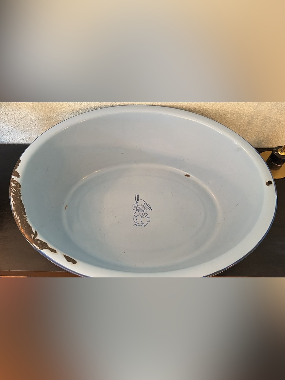 Vintage Ultra Rare Enamelware Oval Rabbit Basin